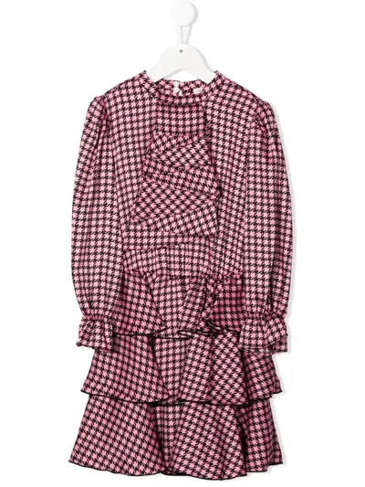 Twinset Kids' Long-sleeve Dogtooth-print Dress In Pink
