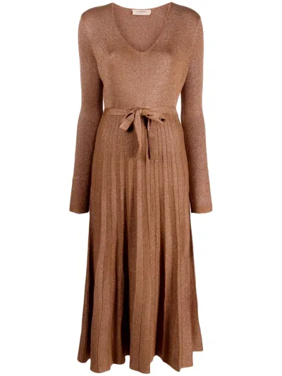 Twinset Long-sleeve Pleated Midi Dress In Brown