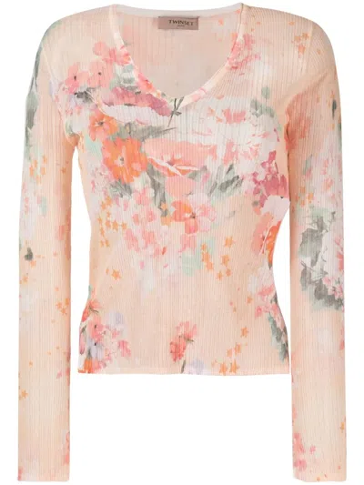 Twinset Long-sleeve Ribbed Blouse In Orange