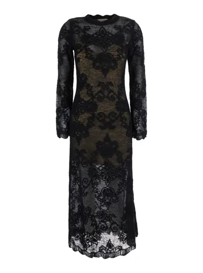 Twinset Long Sleeve V-neck Tech Fabric Long Dress With Back Closure In Black