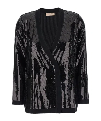 Twinset Black Double-breasted Cardigan With Sequins All-over In Technical Fabric Woman