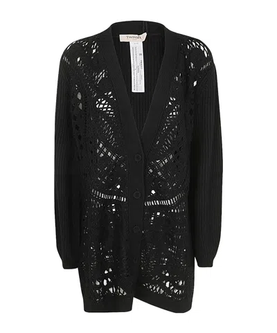 Twinset Long-sleeved Knitted Cardigan In Black