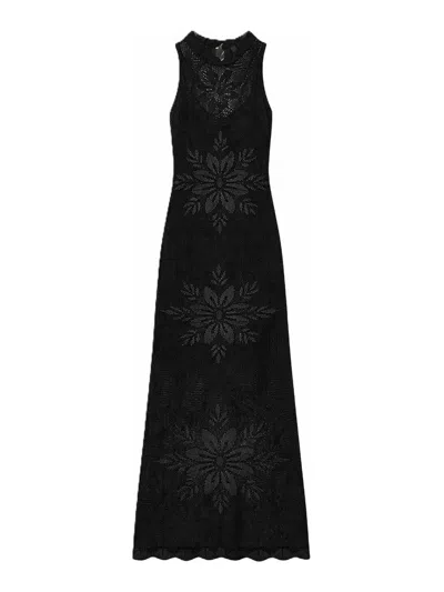 Twinset Long Sleeveless Knitted Flower Design Dress In Black