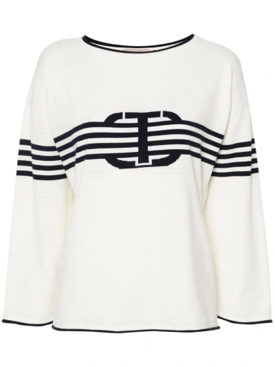 Twinset Long Sleeves Boat Neck Striped Jumper With Logo In White