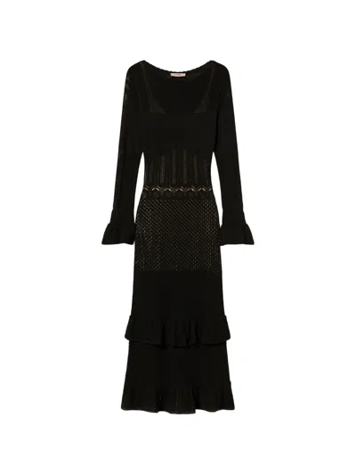 Twinset Long Wool Blend Knit Dress With Ruffles In Black