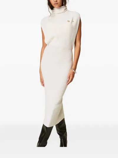 Twinset Long Wool-blend Knit Dress With Brooch In White