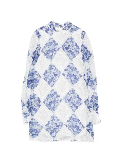 Twinset Long-sleeve Floral-detail Mini Dress In Blue