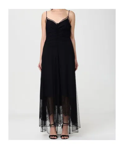 Twinset Long-sleeved Chiffon Lace Dress In Black