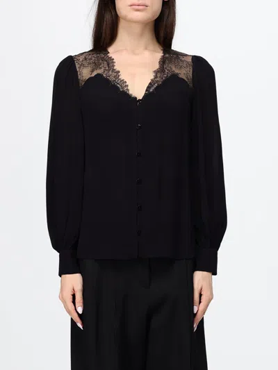 Twinset Long-sleeved Crêpe Shirt With V-neck And Lace Inserts In Black