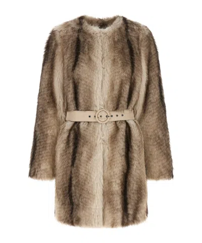 Twinset Long-sleeved Faux Fur Coat With A Tie-waist In Brown