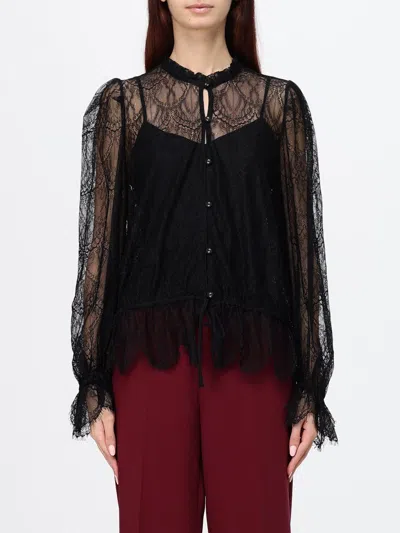 Twinset Long-sleeved Lace Shirt With Mandarin Collar And Drawstring Waist In Black
