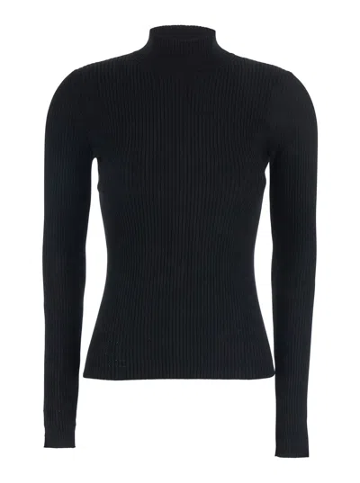 TWINSET BLACK TURTLENECK SWEATER WITH RIBBED DESIGN IN FABRIC WOMAN