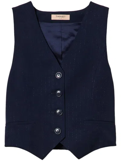 Twinset Lurex-detail Pinstriped Waistcoat In Blue