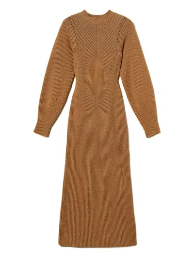 Twinset Lurex-knit Ribbed Dress In Brown