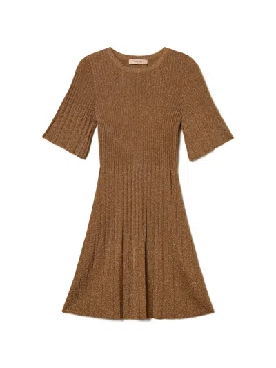 Twinset Twin-set Brown Ribbed Knit Flutter Sleeve Dress