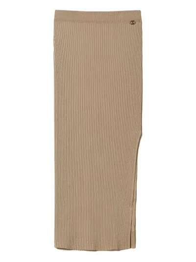 Twinset Lurex Ribbed-knit Midi Skirt In Brown