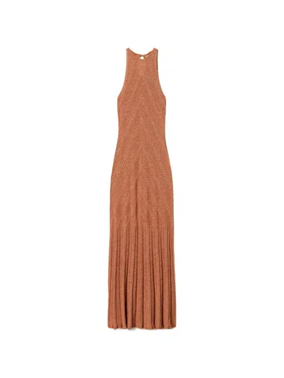 Twinset Lurex-detail Maxi Dress In Brown