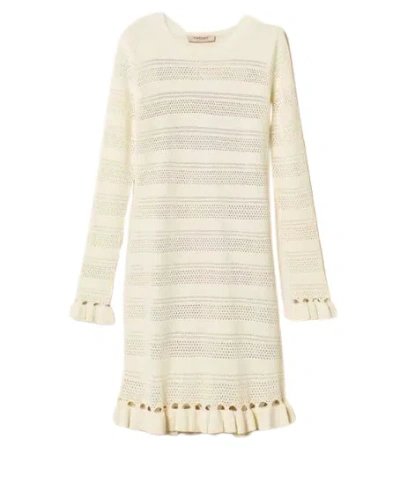 Twinset Twin-set Madreperla Ruffled Hem Knit Dress In White