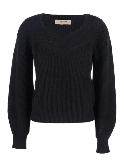 TWINSET BLACK SWEATER WITH EMBROIDERED COLLAR AND ELASTIC CUFFS IN WOOL AND COTTON WOMAN
