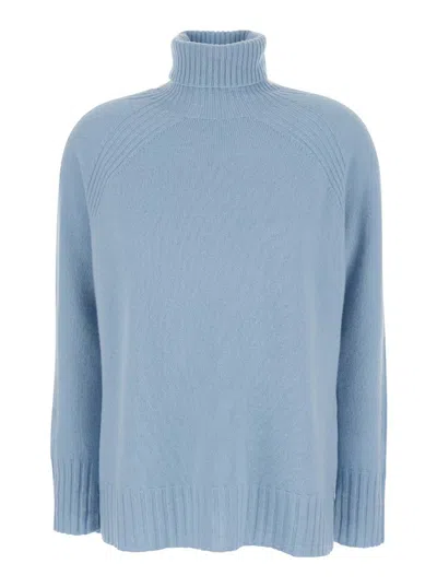 Twinset Twin-set Light Blue High Neck Swearer In Ribbed Knit