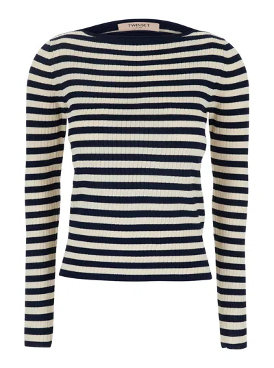 TWINSET WHITE AND BLACK TOP WITH RIBBED DESIGN AND ALL-OVER STRIPED MOTIF IN VISCOSE WOMAN