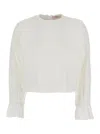 TWINSET WHITE SWEATER WITH MOCK NECK AND EMBROIDERED DETAILS IN COTTON WOMAN
