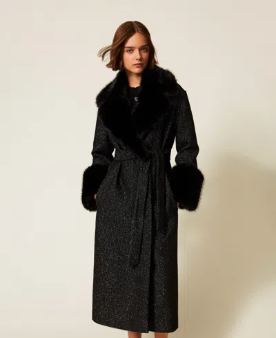 Twinset Manteau Long En Drap Avec Fausse Fourrure In Black