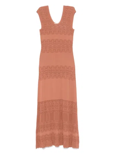 Twinset Twin-set Maxi Dress With Deep V-neckline In Brown