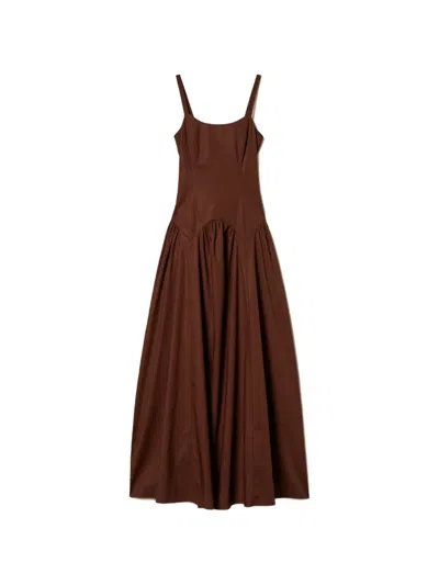 Twinset Maxi Poplin Dress In Brown