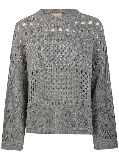 Twinset Twin-set Maxi Warm Sweater With Intricate Knit Design In Grey