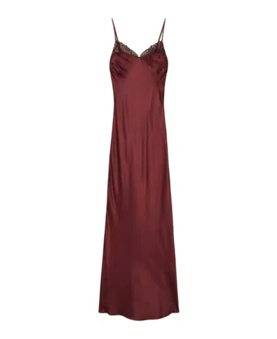 Twinset Maxi Satin Dress With Lace Trim In Burgundy