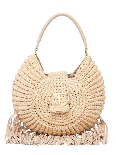 Twinset Medium Crochet Fringe-edges Tote Bag In Neutral