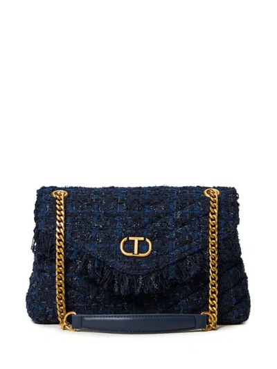 Twinset Medium Dreamy Shoulder Bag In Boucle Blue Denim/nero