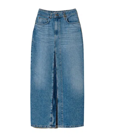 Twinset Medium Length Denim Skirt With Slit In Blue