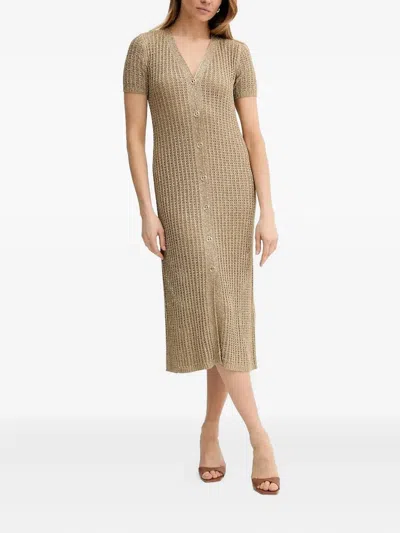 Twinset Metallic-knit Buttoned Midi Dress In Neutral