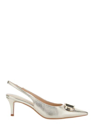 Twinset Metallic Slingback Pumps With Oval D Logo Plaque On The Front In Leather Woman In Silver