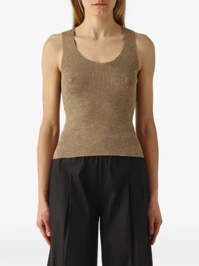 Twinset Metallic-effect Ribbed-knit Top In Brown