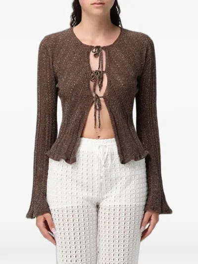 Twinset Metallic-thread Tie-fastening Cardigan In Brown