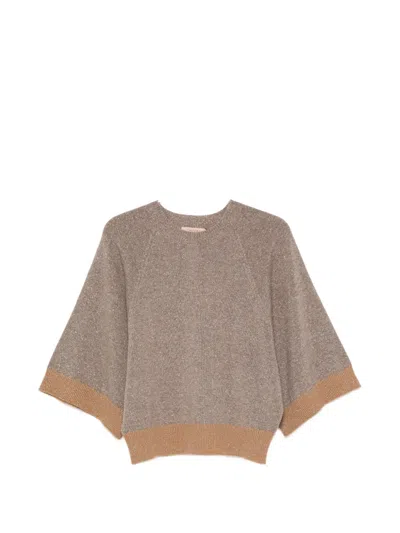 Twinset Boxy Knit Top With Contrasting Ribbed Cuffs And Hem In Brown