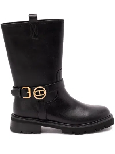 TWINSET MID-CALF BLACK LEATHER BOOTS WITH BUCKLE FASTENING