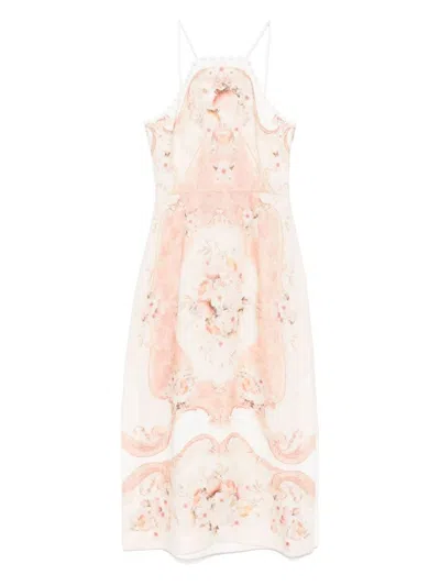 Twinset Midi Dress In White Linen With Print In Yellow