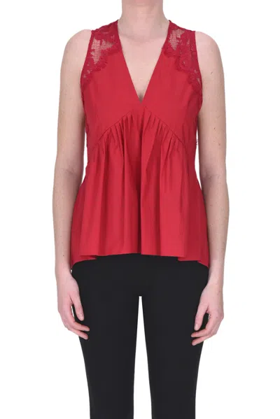 Twinset Milano Cotton Top With Lace Inserts In Fire Red