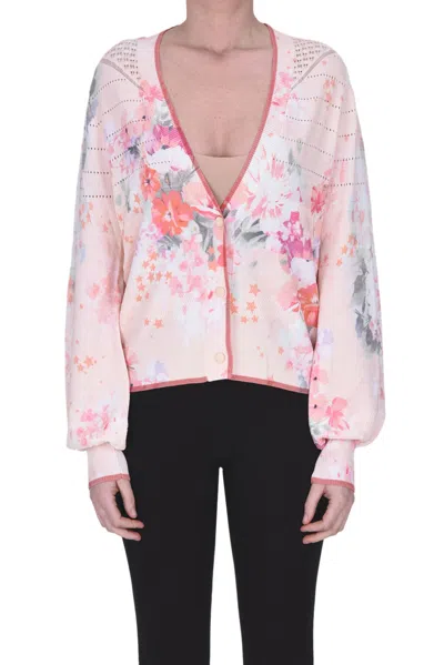 Twinset Milano Flower Print Cardigan In Pale Pink