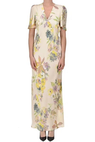Twinset Milano Flower Print Satin Long Dress In Cream