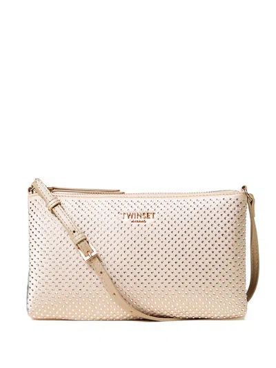 Twinset Mini Satin Bag With Rhinestones In Brown