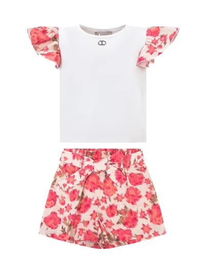 Twinset Twin-set Mini T-shirt And Shorts Set In Fiori Camelie Rose