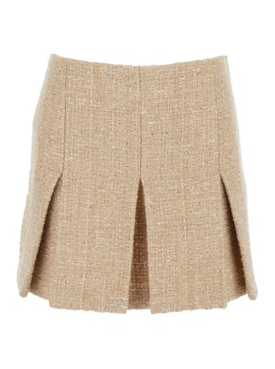 TWINSET BEIGE MINISKIRT WITH PLEATED DETAILS ON THE FRONT AND LOGO PLAQUE ON THE REAR IN TECH FABRIC WOMAN