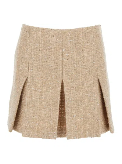 TWINSET BEIGE MINISKIRT WITH PLEATED DETAILS ON THE FRONT AND LOGO PLAQUE ON THE REAR IN TECH FABRIC WOMAN