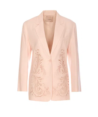 Twinset Mixed Linen Blazer With Embroidery In Pink
