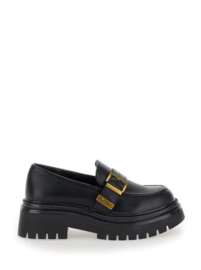 TWINSET BLACK LOAFERS WITH PLATFORM AND LOGO IN LEATHER WOMAN